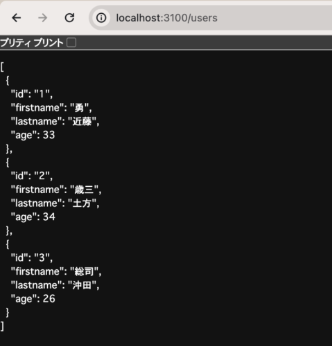 起動後のjsonデータをブラウザで確認