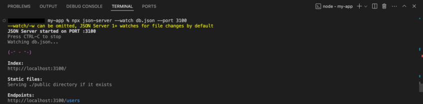json-server起動完了を知らせるターミナルメッセージ